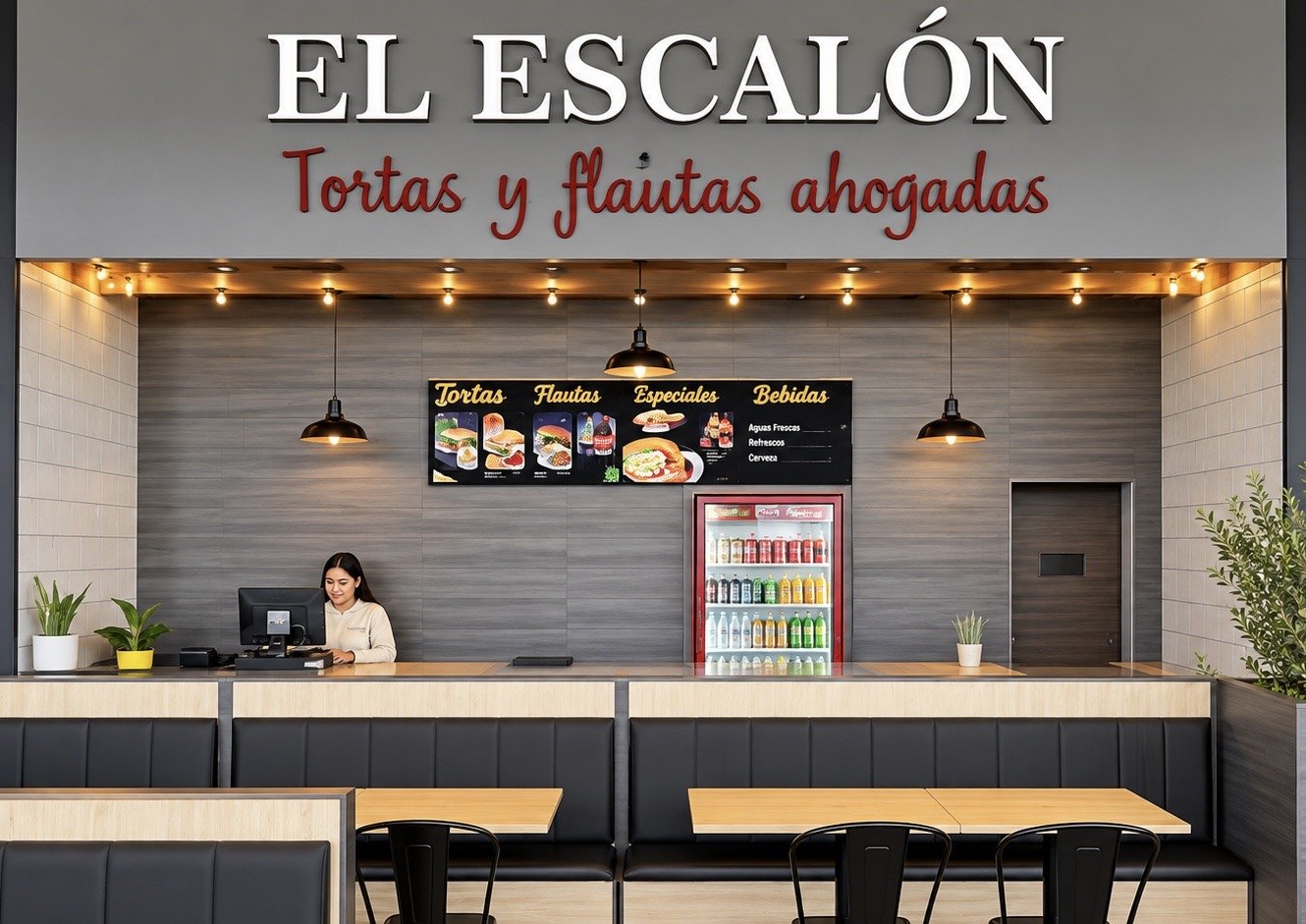 Mostrador de El Escalón con su letrero de tortas y flautas ahogadas