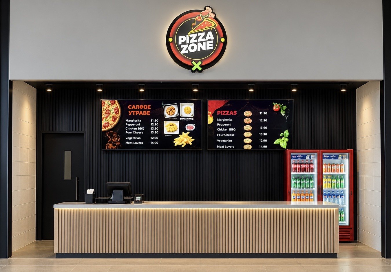 Mostrador de Pizza Zone con logotipo iluminado y menús de pizzas