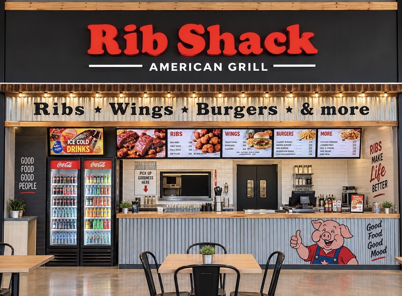 Mostrador de Rib Shack con menús de costillas, alitas y hamburguesas